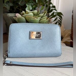 Michael Kors Light Blue Accordion Saffiano Crosshatch Leather Wallet Wristlet